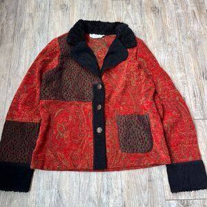 Vintage Jacket Patchwork Sherpa Red Burnt Orange Blk Earthy Boho Artsy USA Small